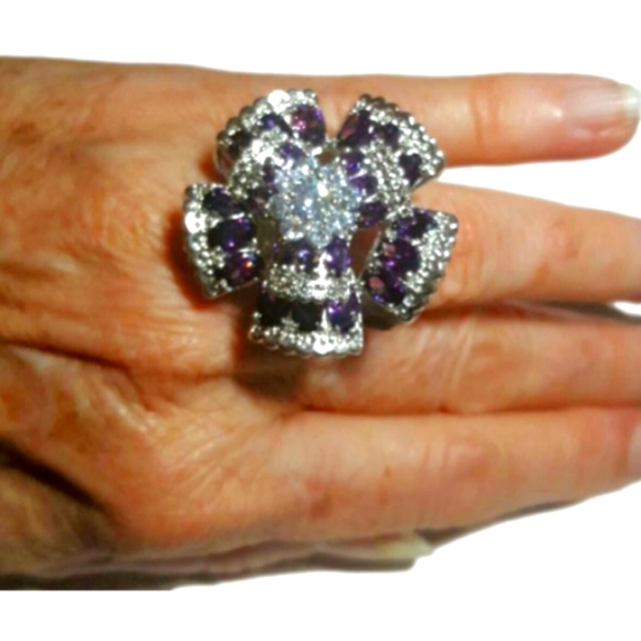 Purple & White Simulated Diamond Cocktail Ring - Picture 3 of 7